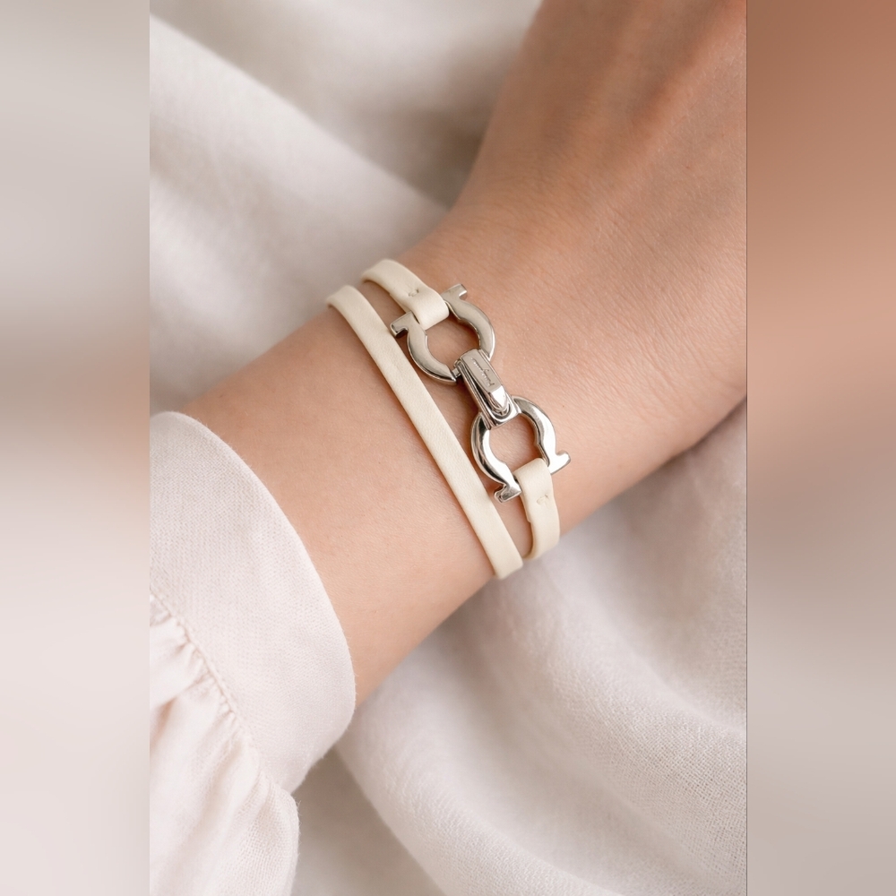 Salvatore Ferragamo Gancini Leather Bracelet with Silver Accents